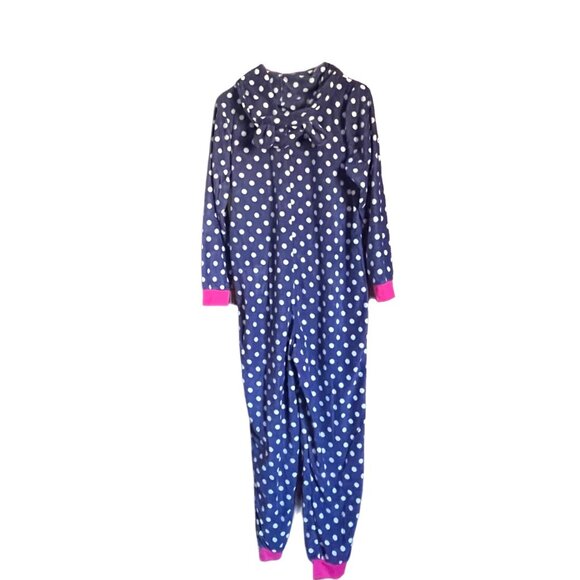 Women’s Navy Polka Dot Hooded One-PC Cozy Fleece Pajamas – Lounge-Ready S/M - Picture 6 of 8